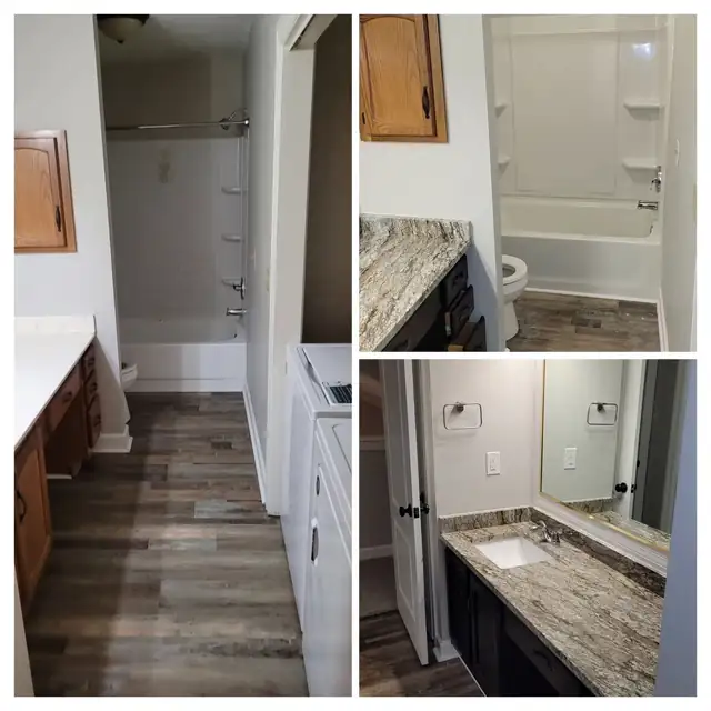 Before and after collage of a bathroom with new granite vanity top, dark cabinets and wood-look LVP floor