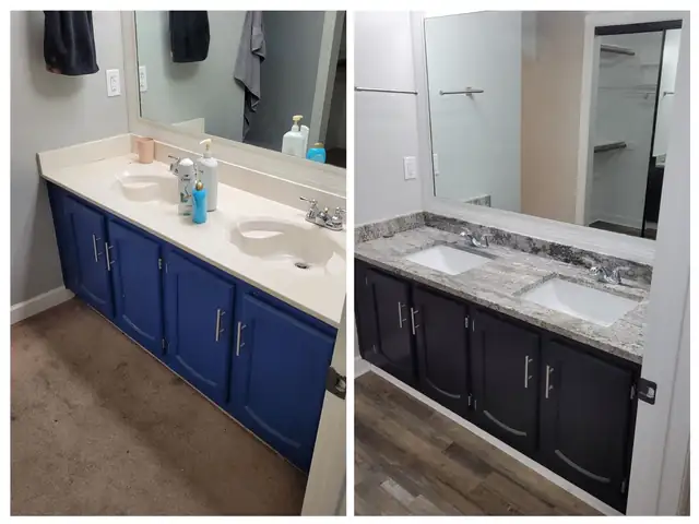 Before and after: blue bathroom vanity updated to dark cabinets with a gray granite top and two undermount sinks
