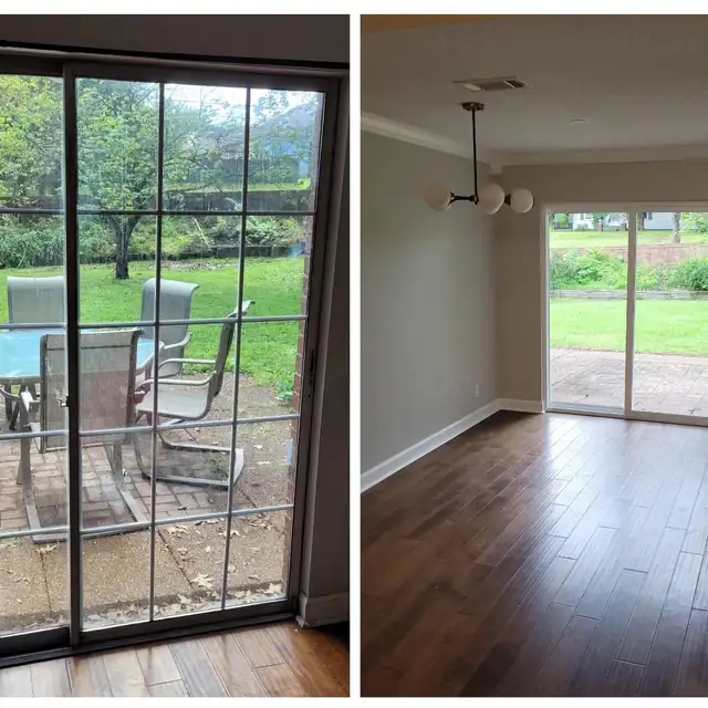 Before and after of a room with sliding patio door and new dark wood-look floor