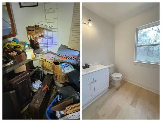 Before and after of a cluttered room turned into a bright half bath with white vanity and light wood floor
