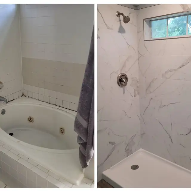 Before and after: old jetted tub with dated tile replaced by a shower with large white marble-look wall tile